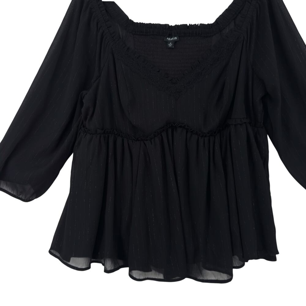 Torrid Babydoll Top Womens Size 2 Black Silver Stripes Puff Sleeve Whimsigoth - Picture 4 of 9